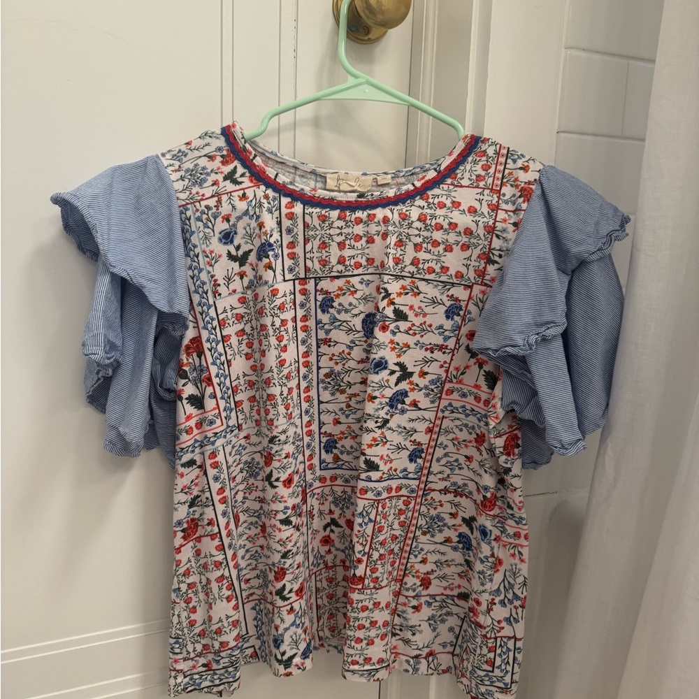 Floral Top with Blue Sleeves